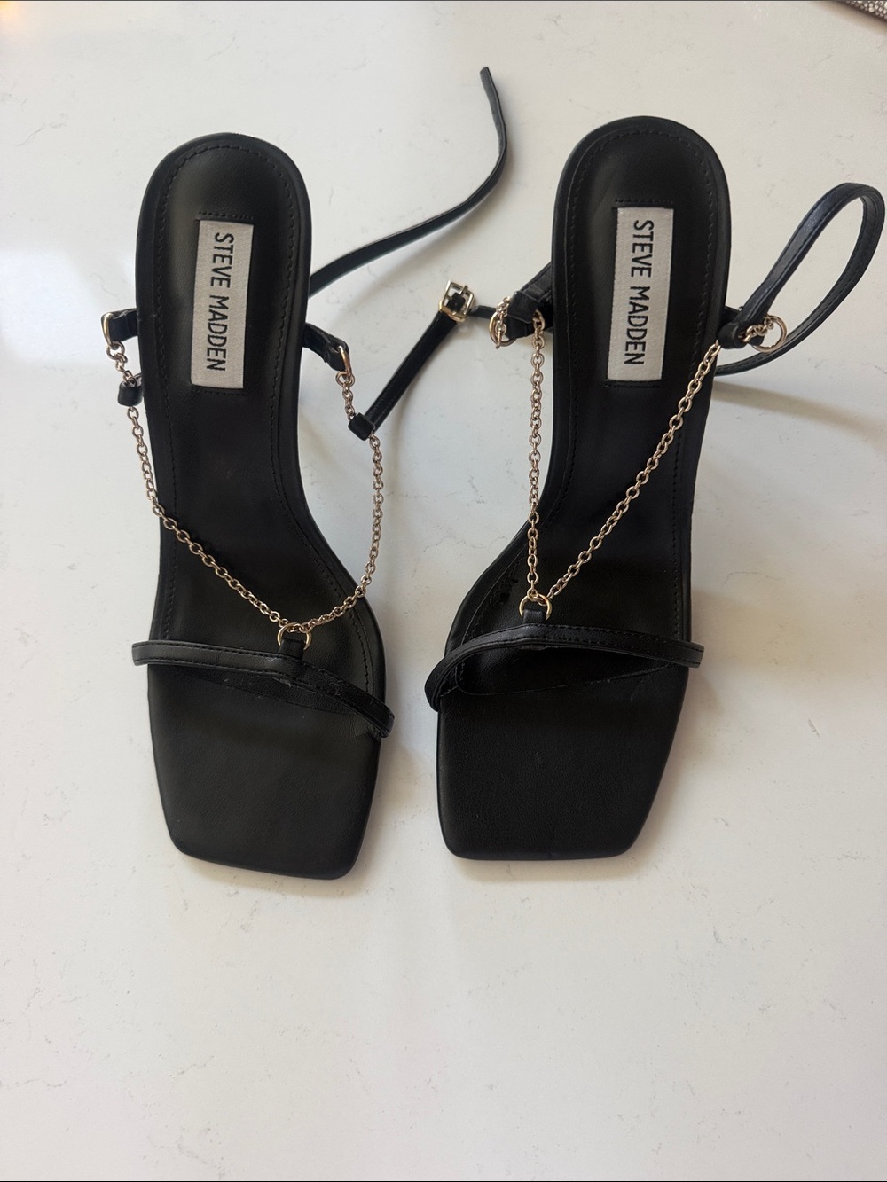 Steve Madden Black Square-Toe Heels with Gold Chain Accent